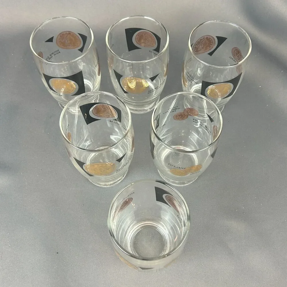 CERA Glasses Gold Black COINS by Bob Wallack MCM Tumbler Set of 6 NOS 1963